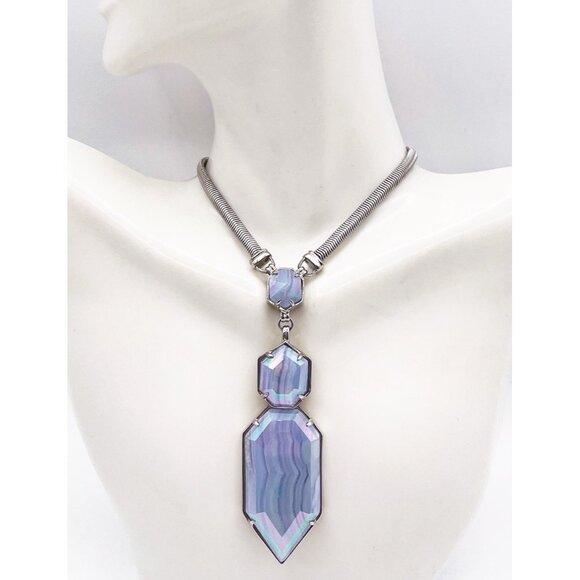 Kendra Scott "Wyatt” Silver Tone Pendant Necklace In Iridescent Blue Lace Agate - Picture 1 of 6